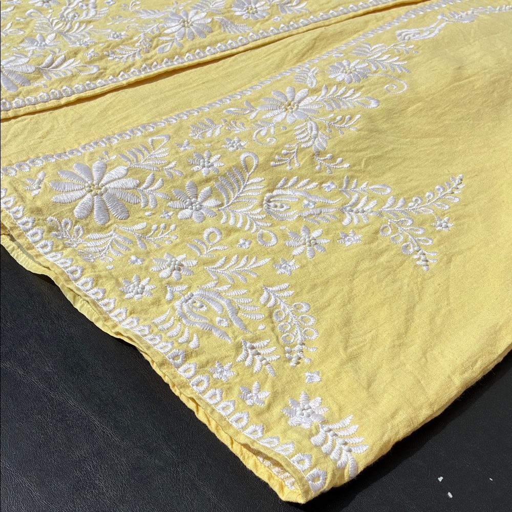 SilkLand Yellow A-Line Skirt with White Embroidery Button/Zip - Picture 7 of 10